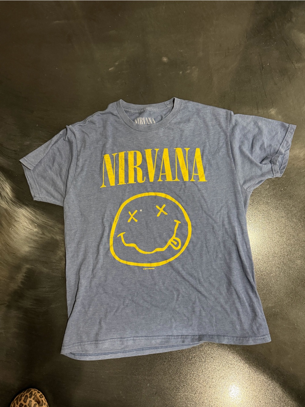 NIRVANA Blue Tee with Yellow Logo and Smiley Graphic